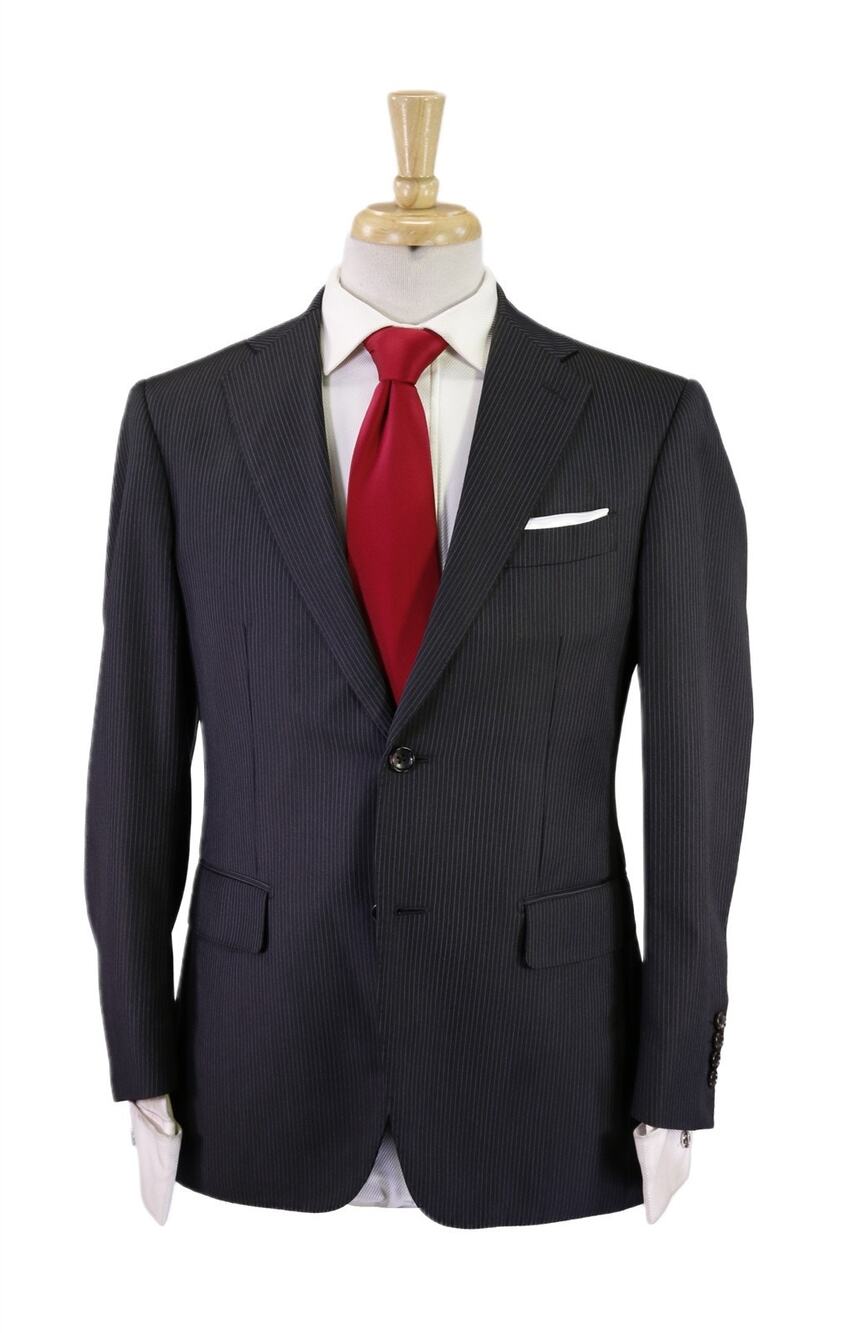 Paul Stuart Charcoal Black w/ Ice Blue Pinstripe 2-Btn Wool Suit 36S